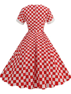 Fashion Retro Stage 1950s Sweetheart Neck Plaids Dress Red