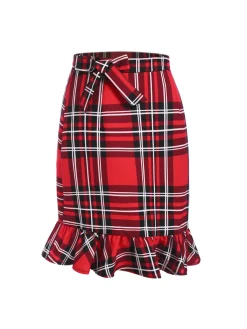 Clearance Retro Stage 1970s Tartan Plaids Bow Ruffles Skirt Red