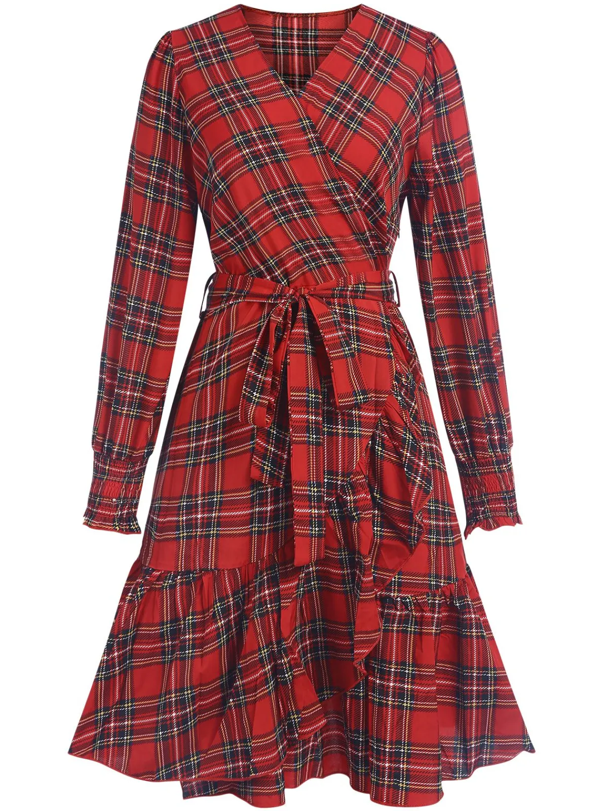 Outlet Retro Stage 1960s Tartan Plaids Ruffle Hem Belted Dress Red