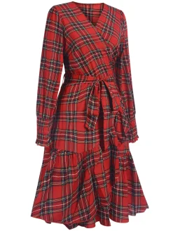 Outlet Retro Stage 1960s Tartan Plaids Ruffle Hem Belted Dress Red