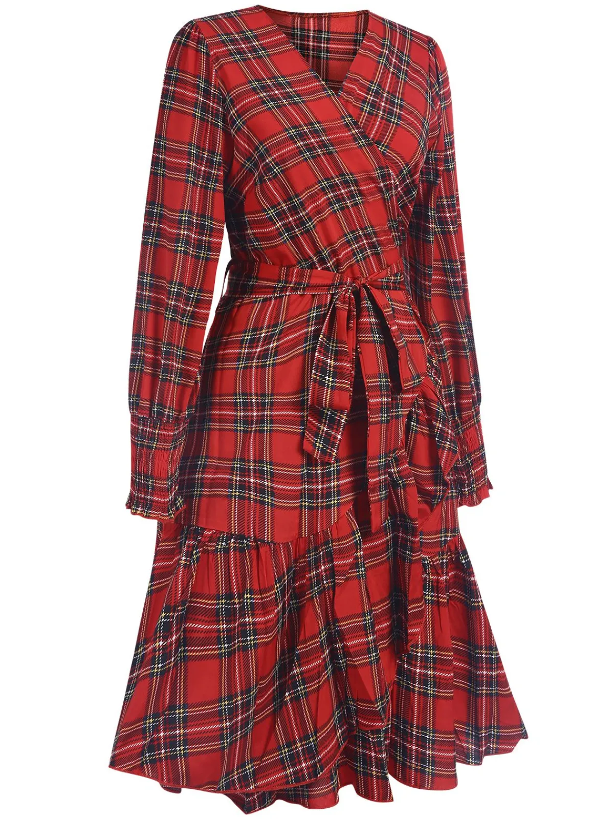 Outlet Retro Stage 1960s Tartan Plaids Ruffle Hem Belted Dress Red