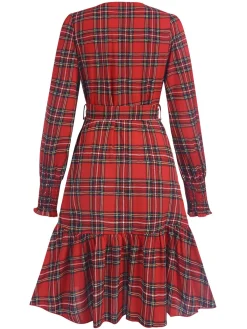 Outlet Retro Stage 1960s Tartan Plaids Ruffle Hem Belted Dress Red