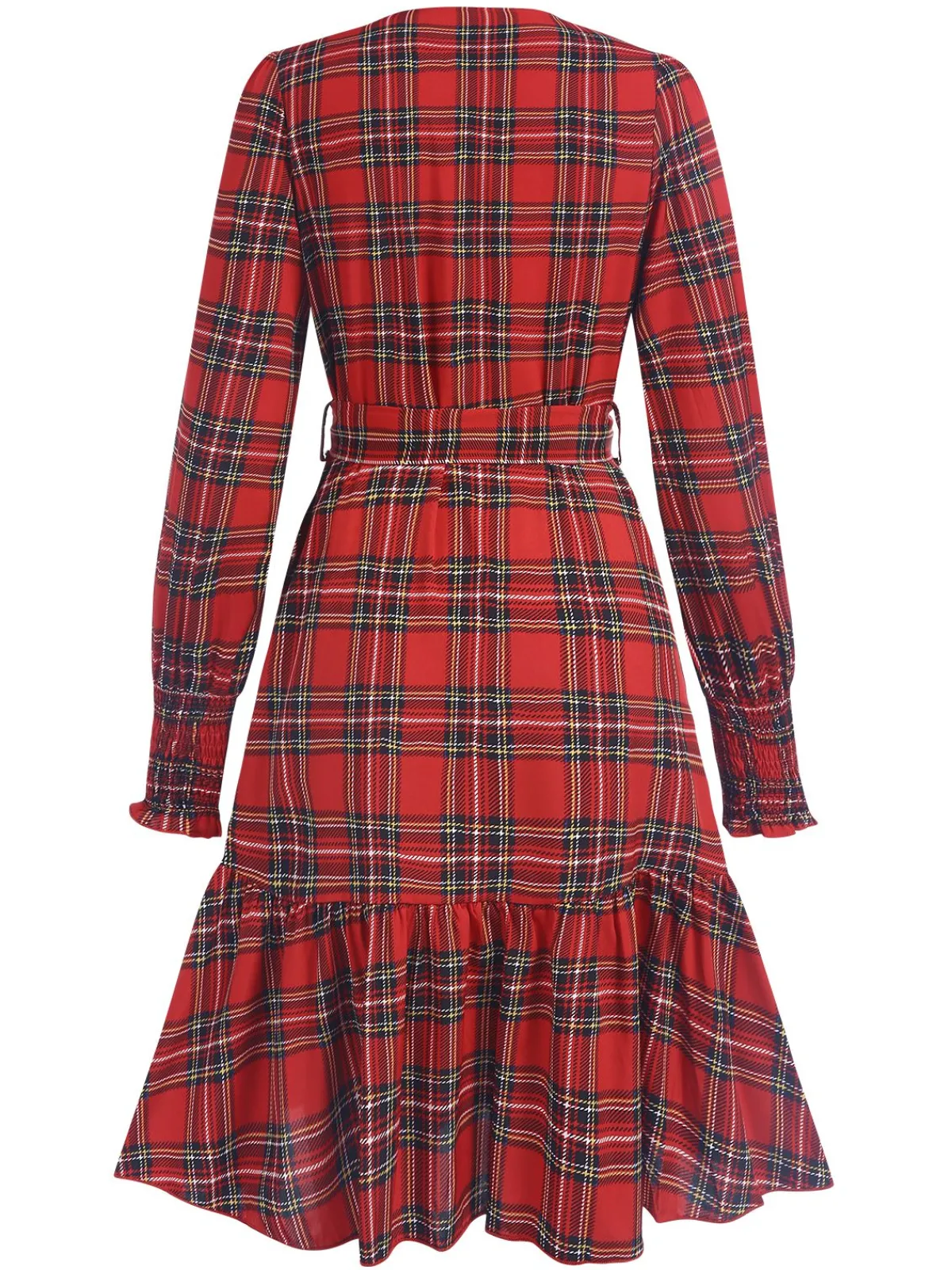 Outlet Retro Stage 1960s Tartan Plaids Ruffle Hem Belted Dress Red