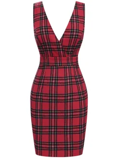 Outlet Retro Stage 1960s Tartan Plaids Suspender Dress Red