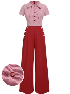Fashion Retro Stage 1940s Tie Neck Stripes Jumpsuit Red