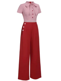 Fashion Retro Stage 1940s Tie Neck Stripes Jumpsuit Red