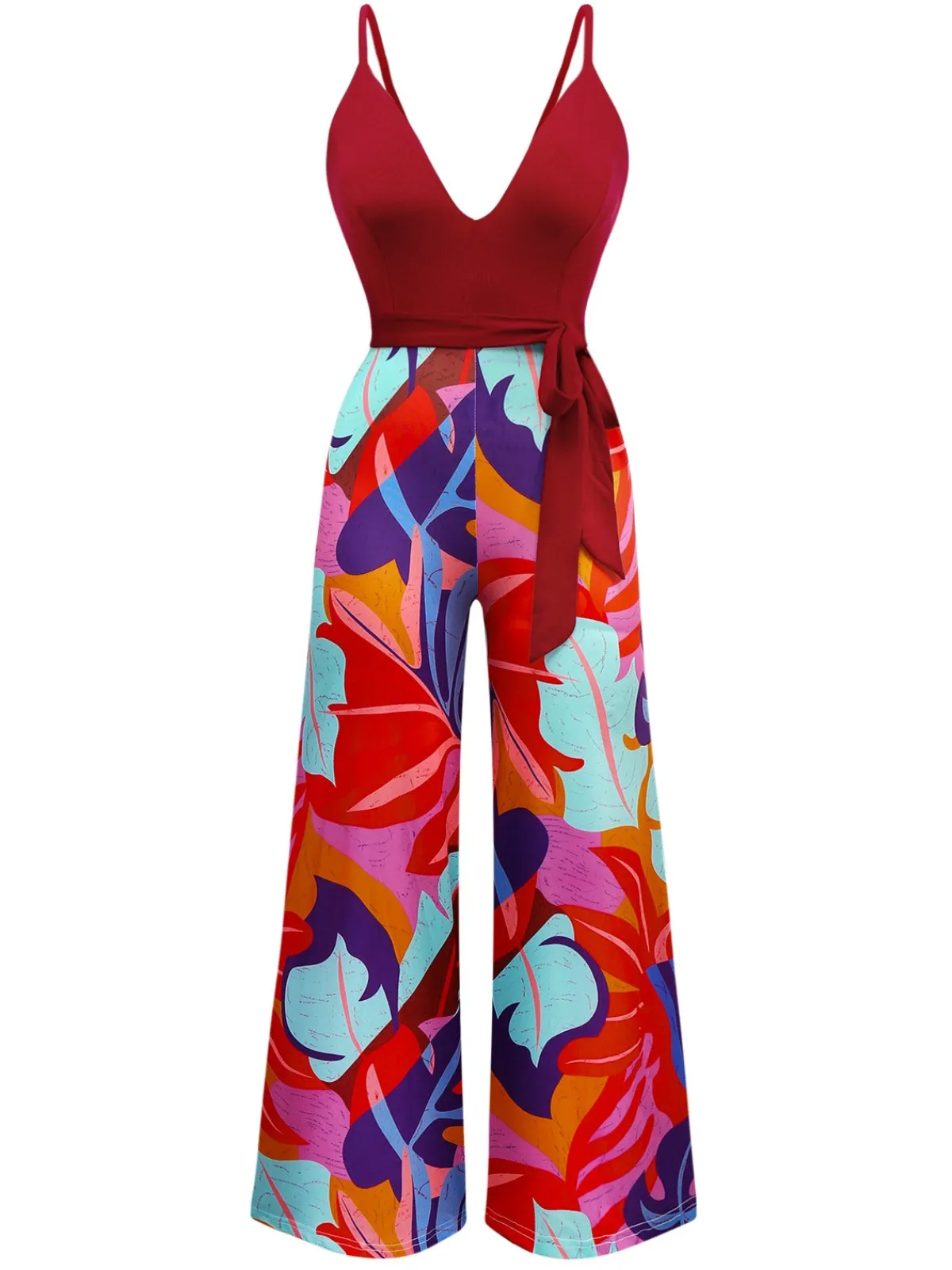 Discount Retro Stage 1930s Tropical Belted Deep V Straps Jumpsuit Red