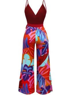 Discount Retro Stage 1930s Tropical Belted Deep V Straps Jumpsuit Red