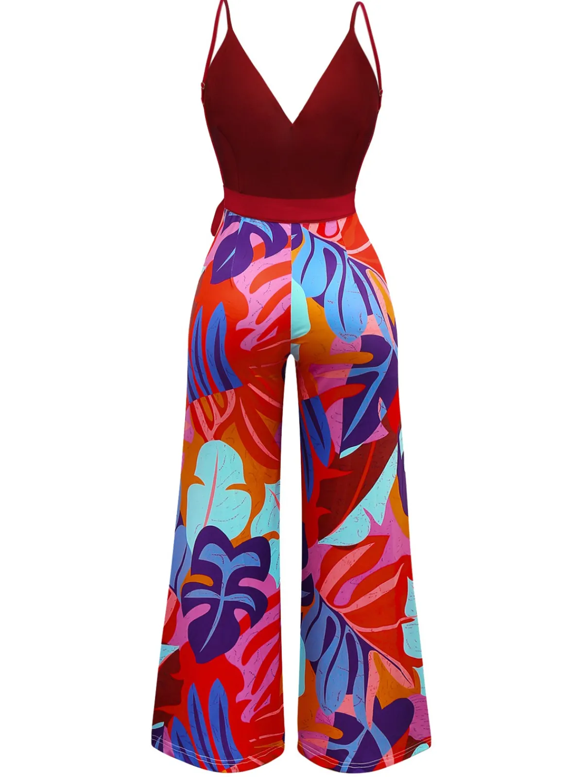 Discount Retro Stage 1930s Tropical Belted Deep V Straps Jumpsuit Red