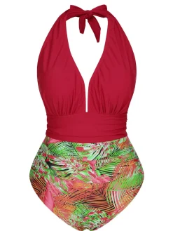 Discount Retro Stage 1930s Tropical Plants One-Piece Swimsuit Red