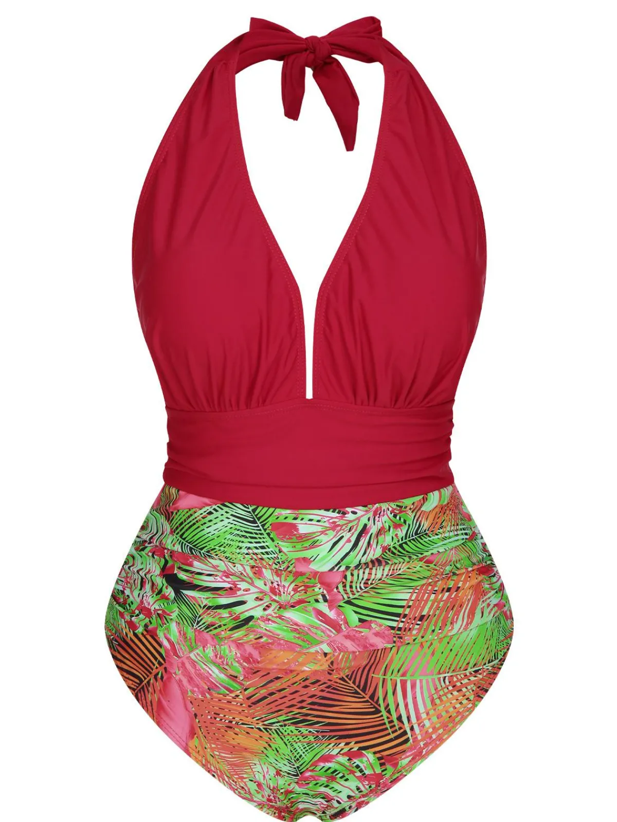 Discount Retro Stage 1930s Tropical Plants One-Piece Swimsuit Red