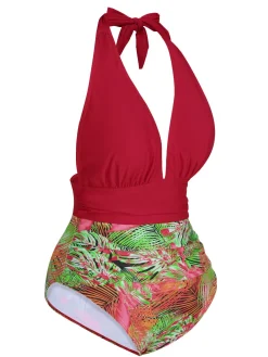 Discount Retro Stage 1930s Tropical Plants One-Piece Swimsuit Red