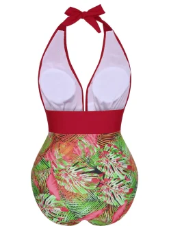 Discount Retro Stage 1930s Tropical Plants One-Piece Swimsuit Red