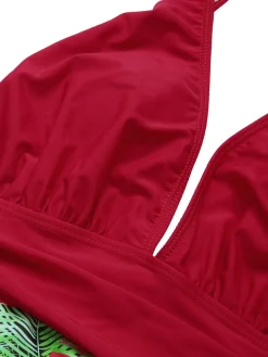 Discount Retro Stage 1930s Tropical Plants One-Piece Swimsuit Red