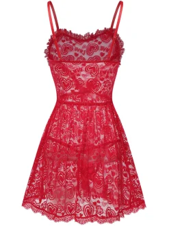 New Retro Stage 1950s Valentine Hearts Lace Straps Nightdress Red