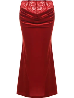 New Retro Stage Red 1930s Velvet Lace Mermaid Skirt Deep Red