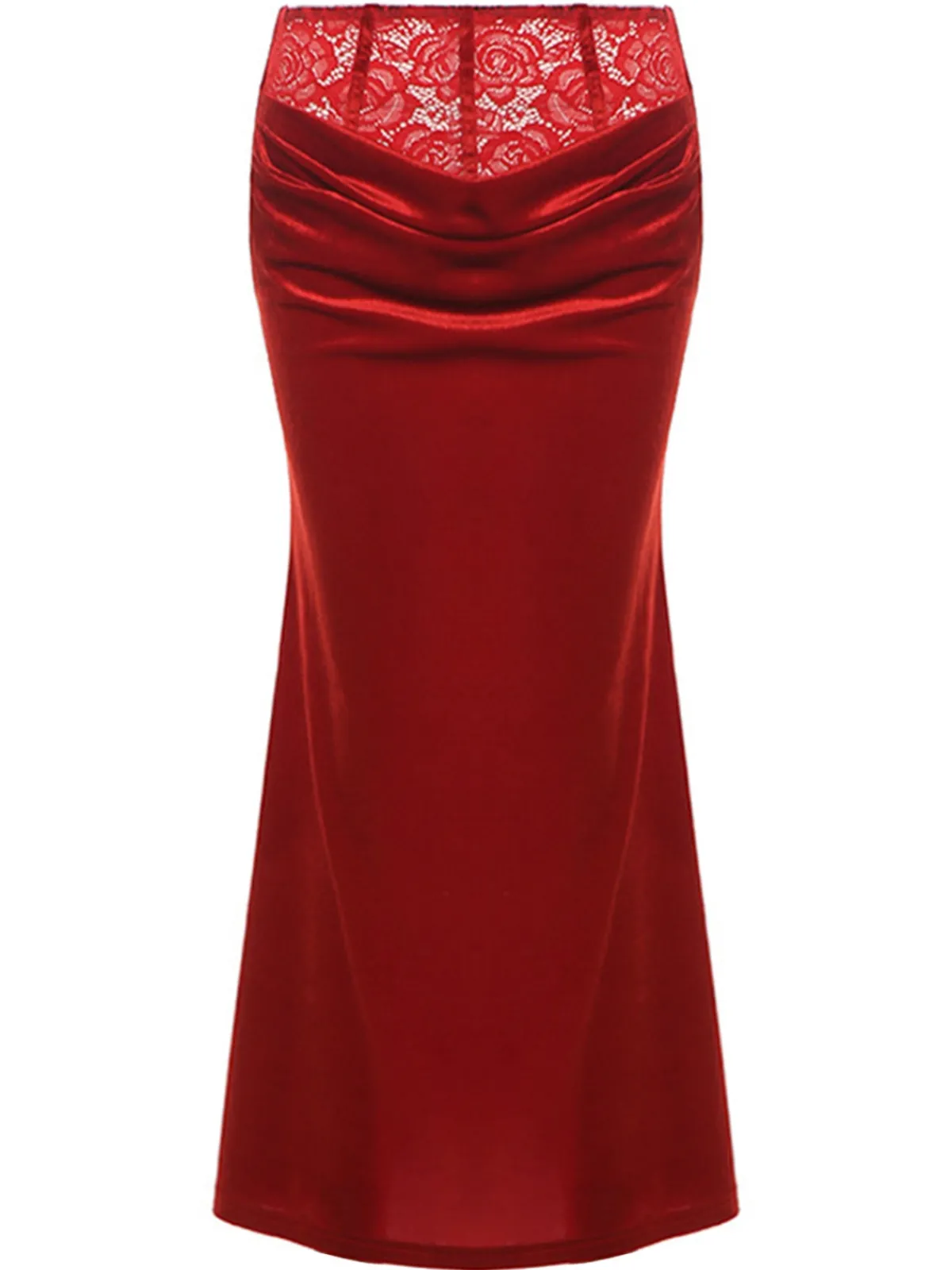 New Retro Stage Red 1930s Velvet Lace Mermaid Skirt Deep Red