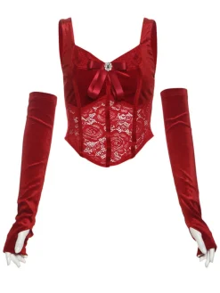 Discount Retro Stage Red 1930s Velvet Lace Tank Top With Gloves Deep Red