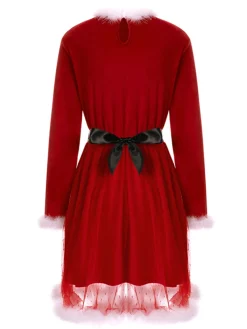 Discount Retro Stage 1960s Velvet Mesh Patchwork Belted Dress Red