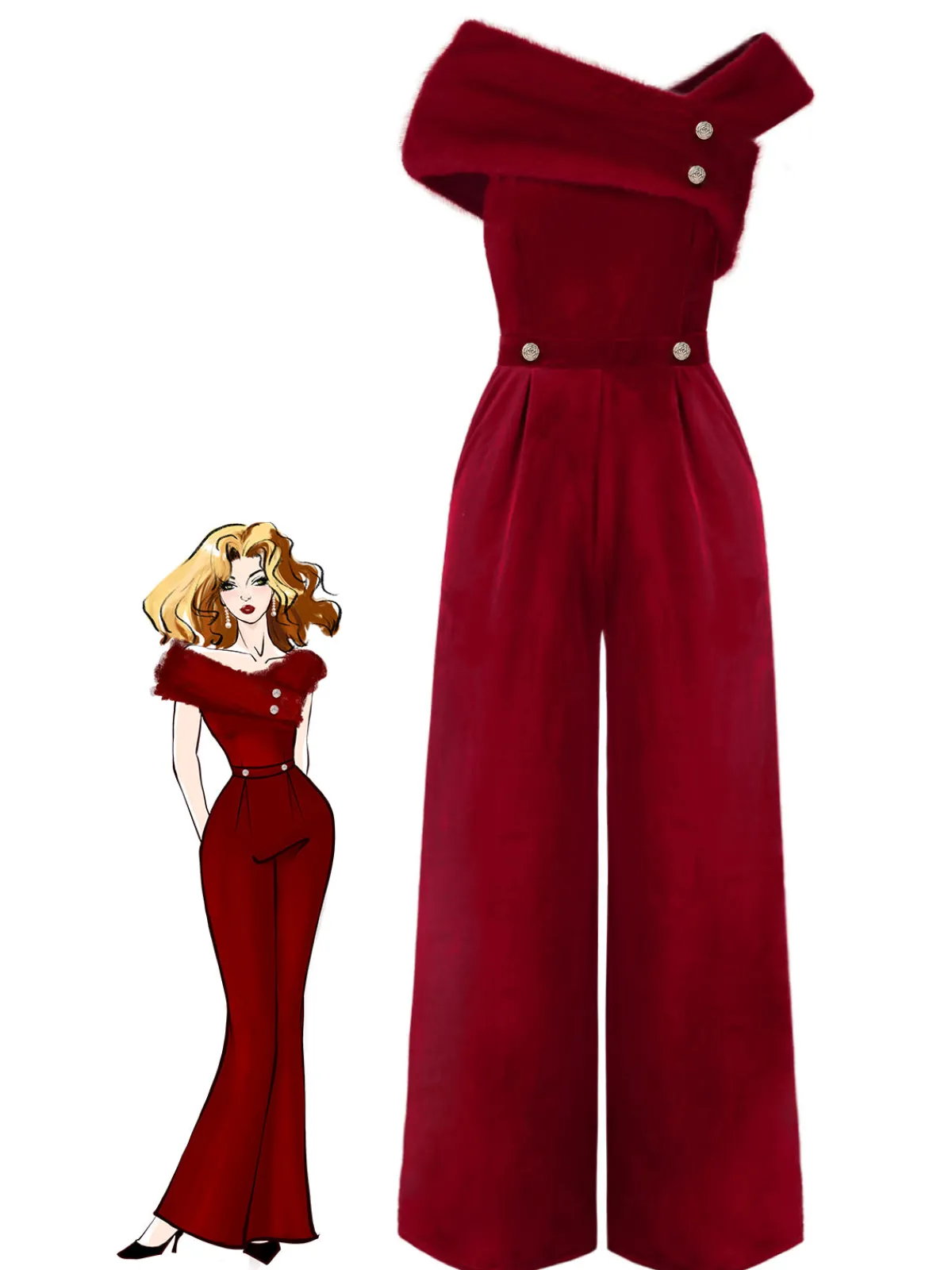 Sale Retro Stage Red 1950s Velvet Off Shoulder Button Jumpsuit