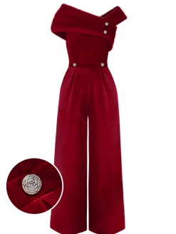 Sale Retro Stage Red 1950s Velvet Off Shoulder Button Jumpsuit