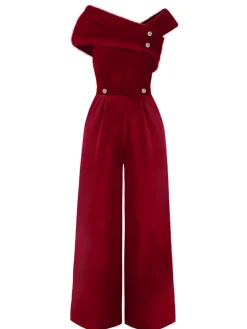 Sale Retro Stage Red 1950s Velvet Off Shoulder Button Jumpsuit
