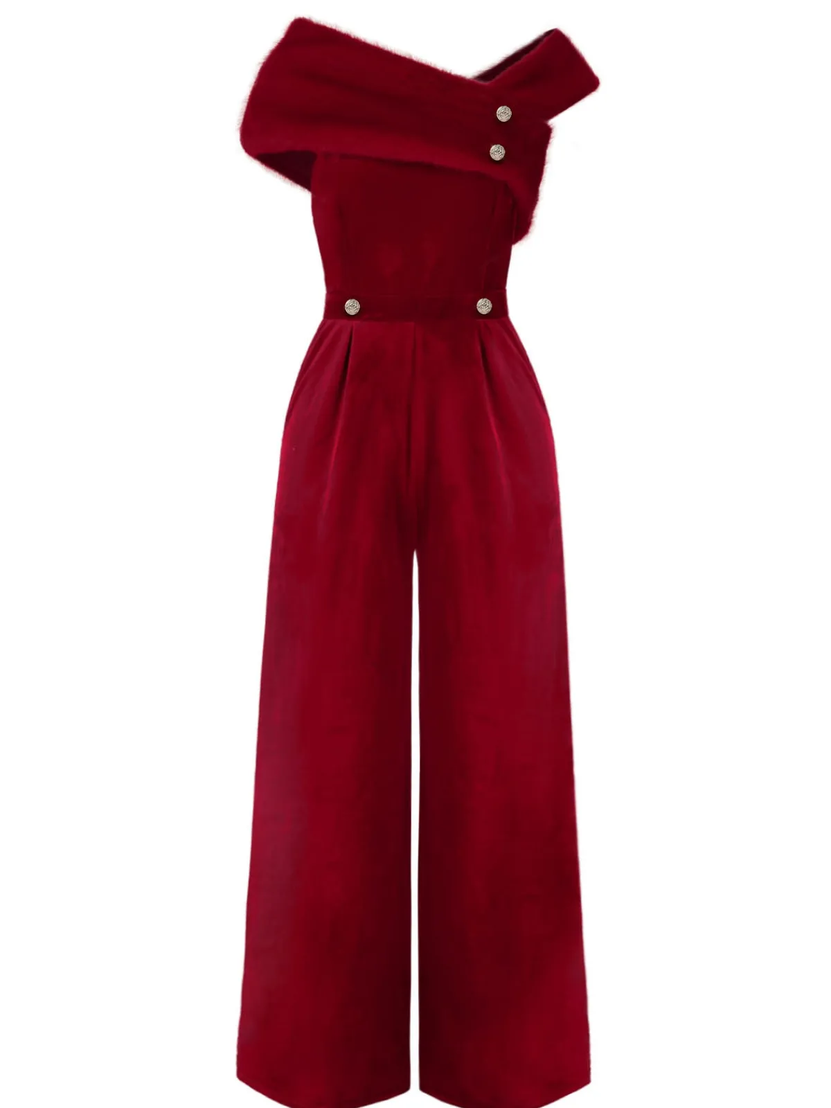 Sale Retro Stage Red 1950s Velvet Off Shoulder Button Jumpsuit