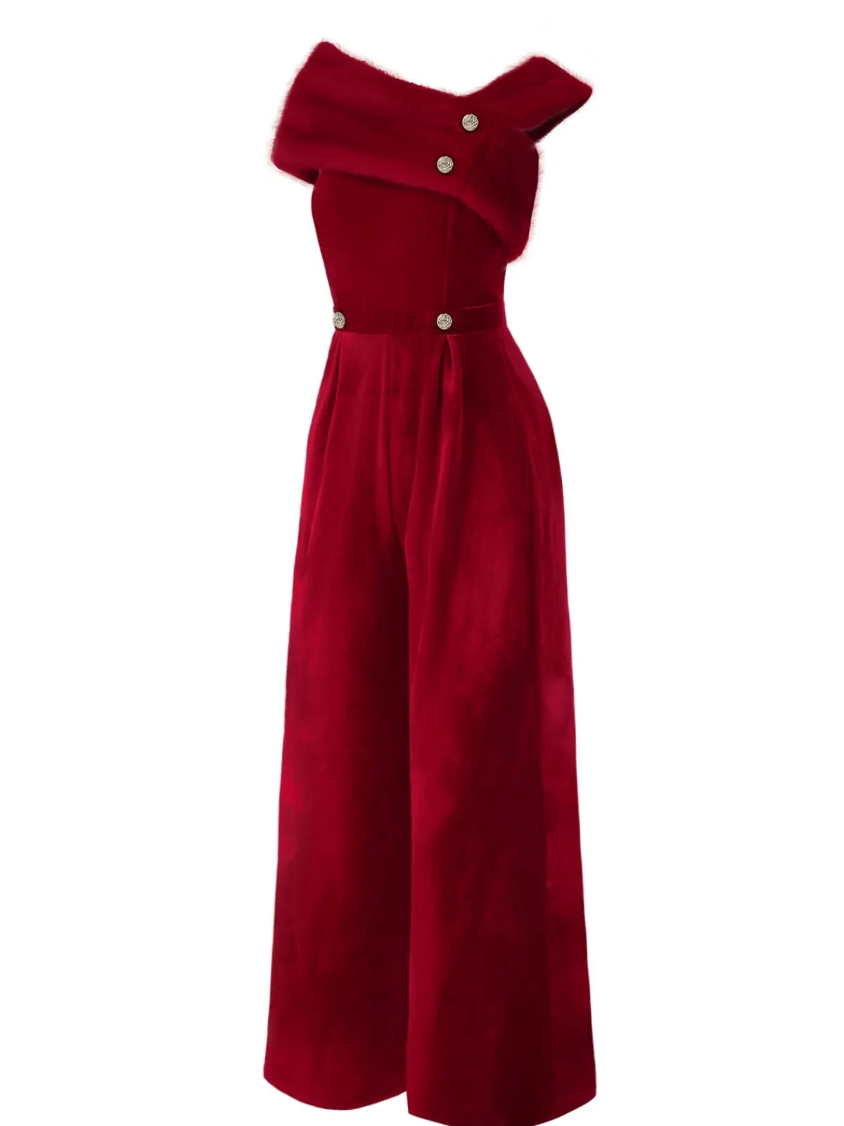 Sale Retro Stage Red 1950s Velvet Off Shoulder Button Jumpsuit