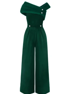 Sale Retro Stage Red 1950s Velvet Off Shoulder Button Jumpsuit