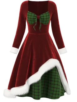 Sale Retro Stage Red 1950s Velvet Plush & Plaid Patchwork Dress Deep Red