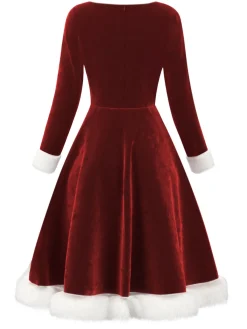 Sale Retro Stage Red 1950s Velvet Plush & Plaid Patchwork Dress Deep Red