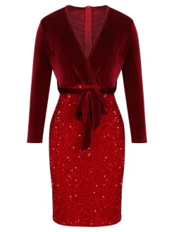 Outlet Retro Stage 1960s Velvet Sequined Patchwork Pencil Dress Red
