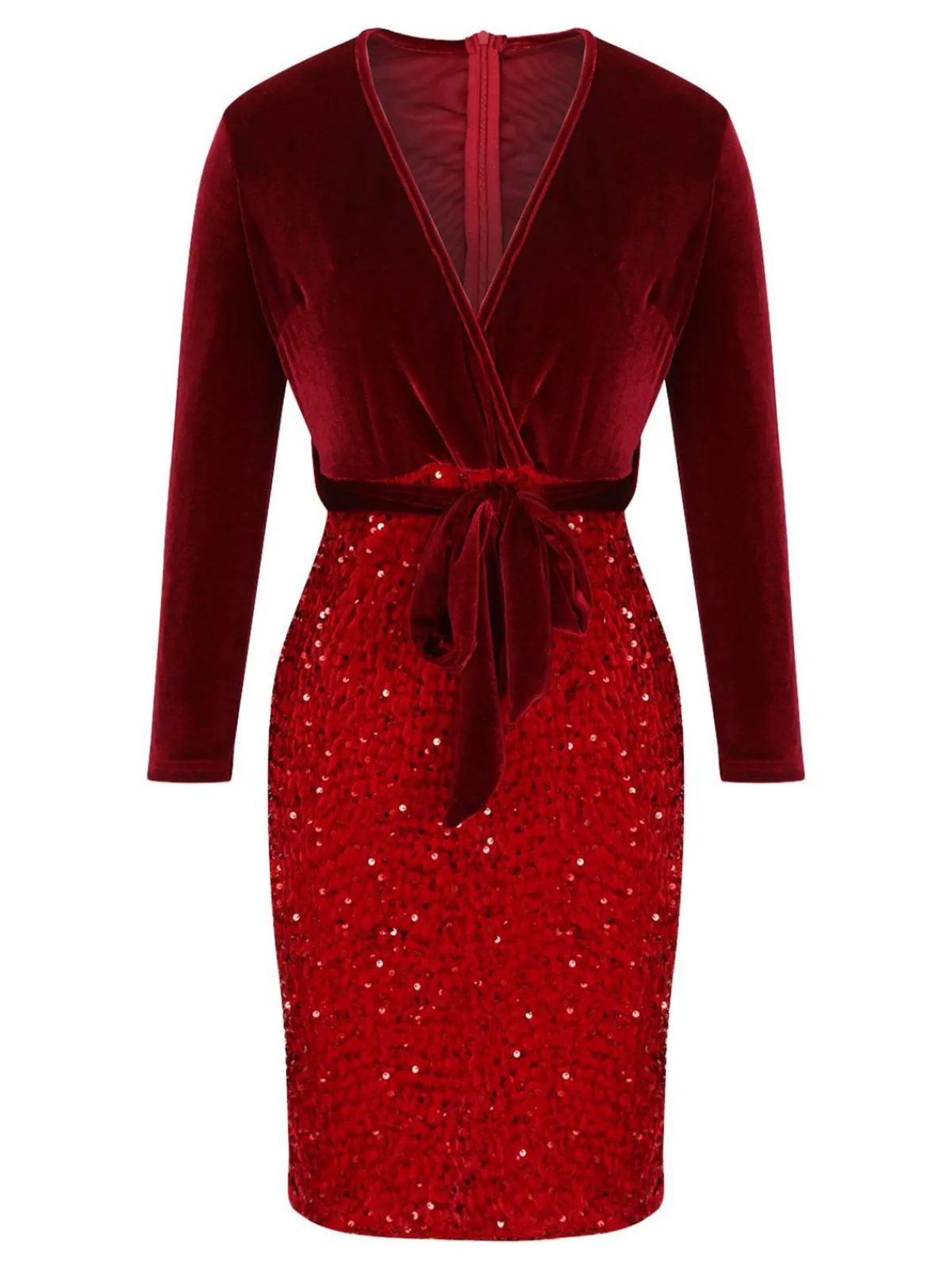Outlet Retro Stage 1960s Velvet Sequined Patchwork Pencil Dress Red