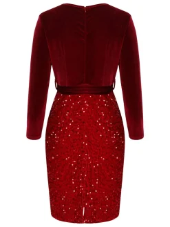Outlet Retro Stage 1960s Velvet Sequined Patchwork Pencil Dress Red