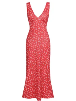 Best Retro Stage 1960s V-Neck Ditsy Floral Dress Red