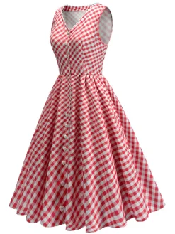 Sale Retro Stage 1950s V-Neck Gingham Plaid Dress Red