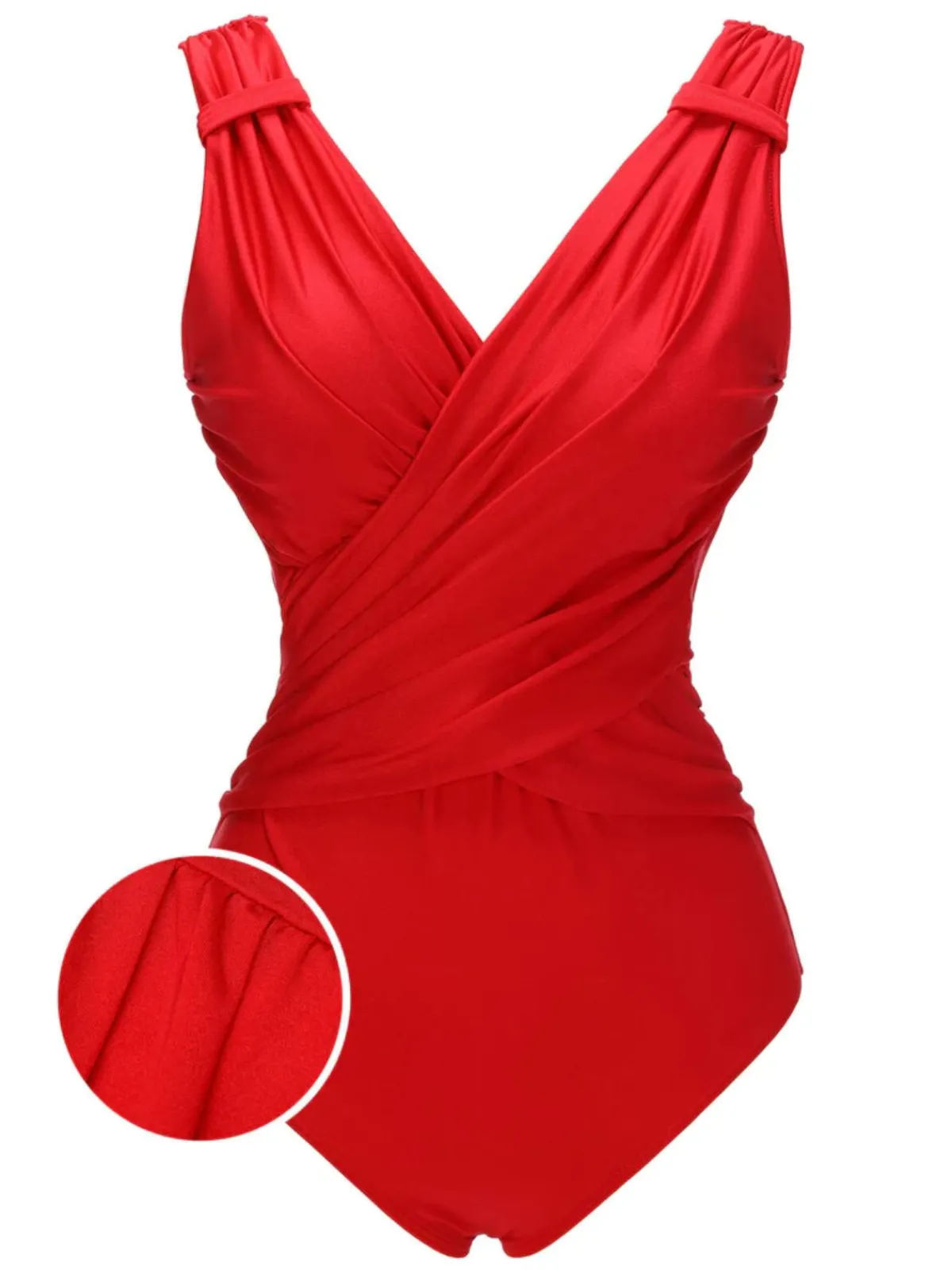 New Retro Stage 1940s V-Neck Solid One-piece Swimsuit Red