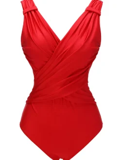 New Retro Stage 1940s V-Neck Solid One-piece Swimsuit Red