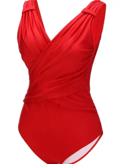 New Retro Stage 1940s V-Neck Solid One-piece Swimsuit Red