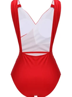 New Retro Stage 1940s V-Neck Solid One-piece Swimsuit Red