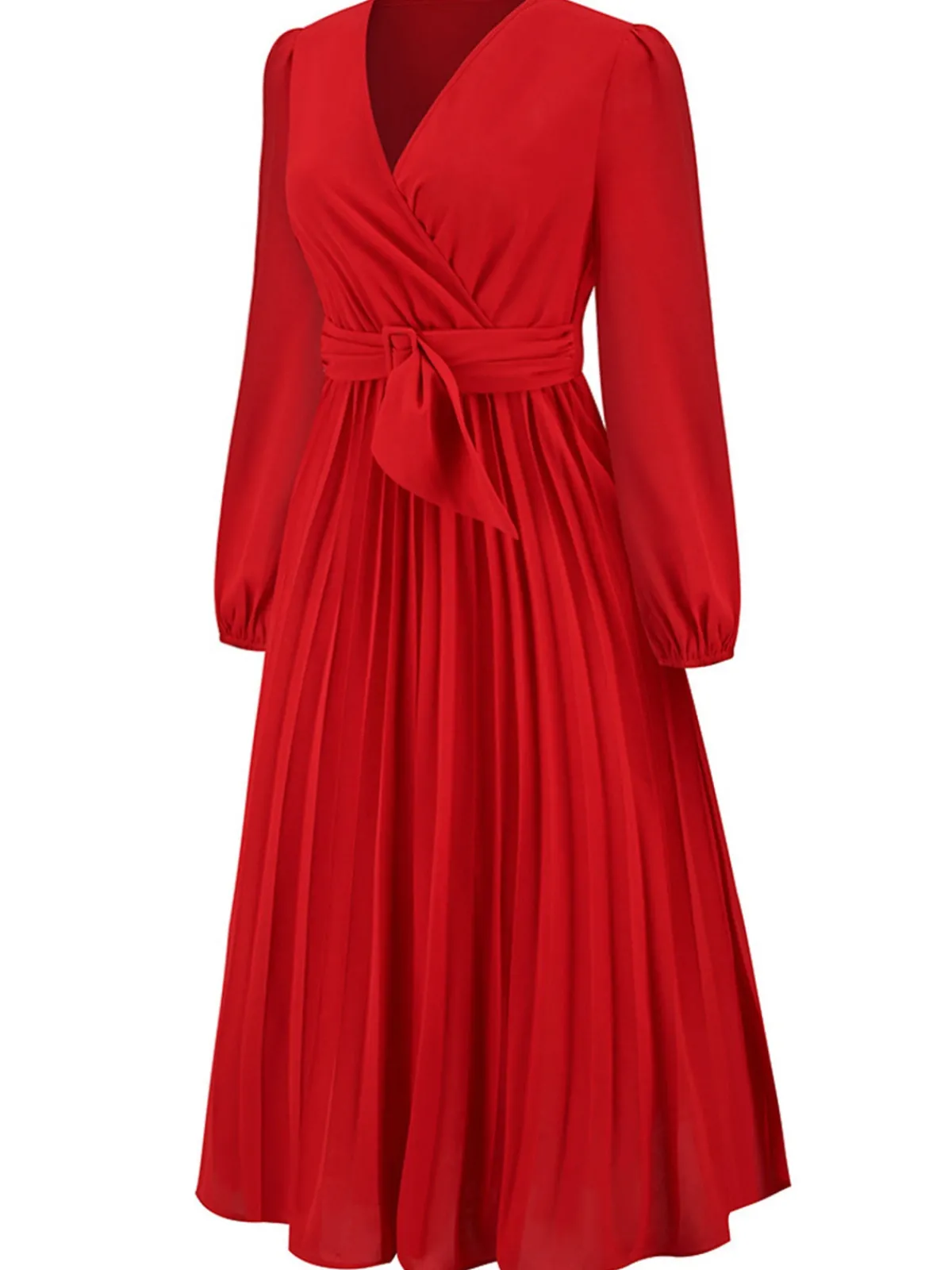 Outlet Retro Stage 1940s V-Neck Solid Pleated Dress Red