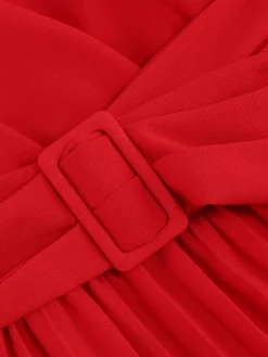 Outlet Retro Stage 1940s V-Neck Solid Pleated Dress Red