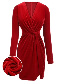 Sale Retro Stage 1960s V-Neck Velvet Pleated Wrap Dress Red