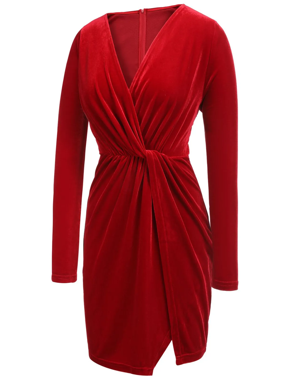Sale Retro Stage 1960s V-Neck Velvet Pleated Wrap Dress Red