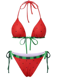Hot Retro Stage 1960s Watermelon Bow Tie Bikini Set Red