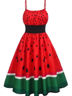 Best Retro Stage 1950s Watermelon Patchwork Dress Red