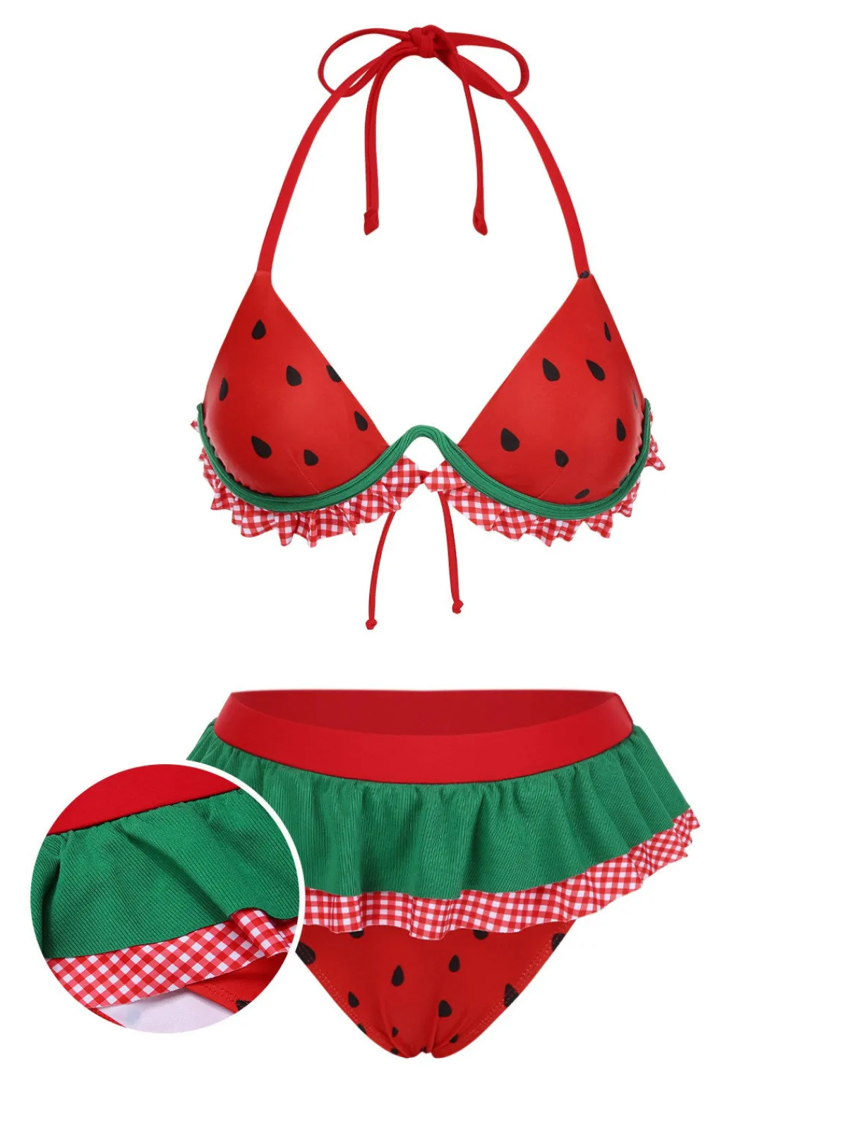 Hot Retro Stage 1950s Watermelon Ruffled Bikini Set Red