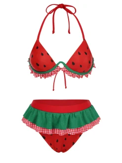 Hot Retro Stage 1950s Watermelon Ruffled Bikini Set Red