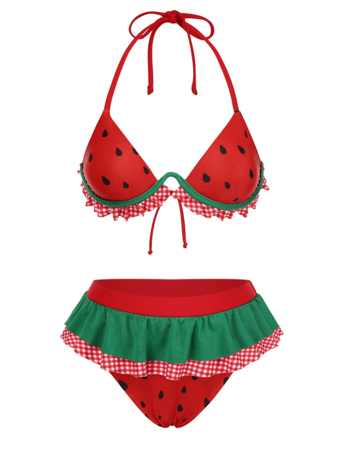 Hot Retro Stage 1950s Watermelon Ruffled Bikini Set Red