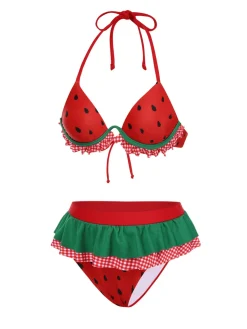Hot Retro Stage 1950s Watermelon Ruffled Bikini Set Red
